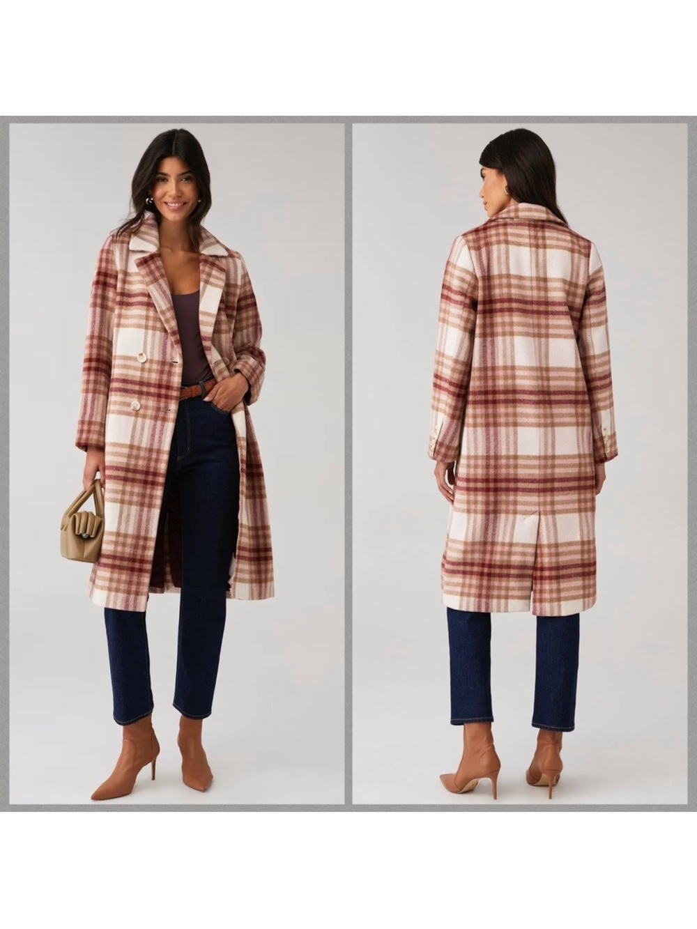 MINKPINK Plaid Coat in Cream, Rust and Pink